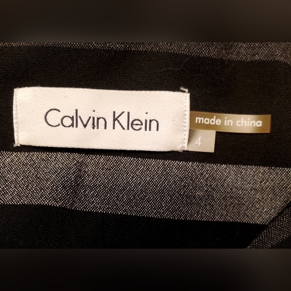 Calvin Klein Belted Midi Shift Dress Size 4 Capped Sleeved Striped Black & Gray - Picture 6 of 6